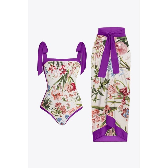 So Lovrie Other - 2 Pcs Floral One-Piece Swimsuit and Skirt Set